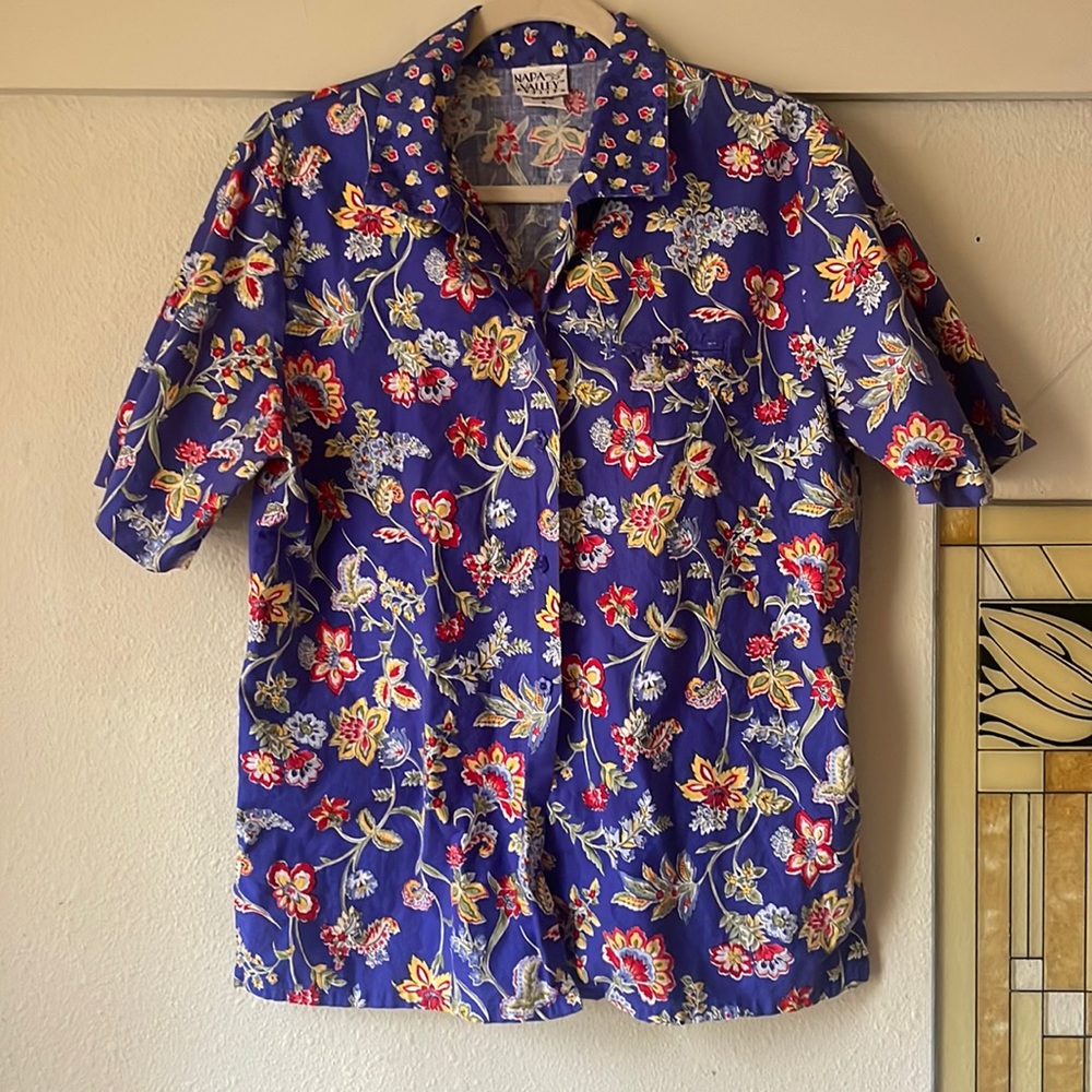 Vintage Napa Valley floral printed cotton short sleeve button down